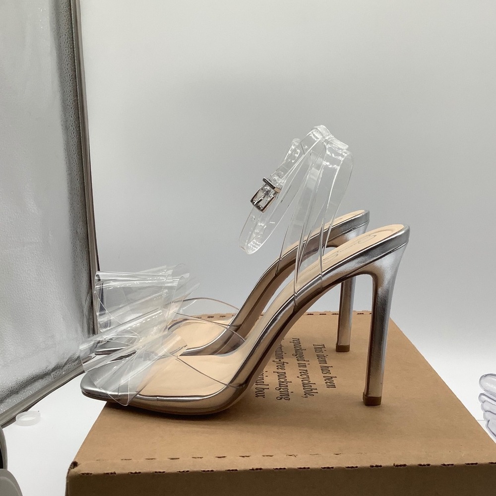 Jessica Simpson Silver Metallic Clear PVC Bow Ankle Strap Stiletto Heels 8.5M - Picture 2 of 6
